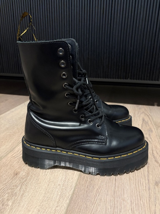 Dr. Martens Shoes - Dr. Martens Black Leather Platform Lace-Up Boots with Yellow Stitching